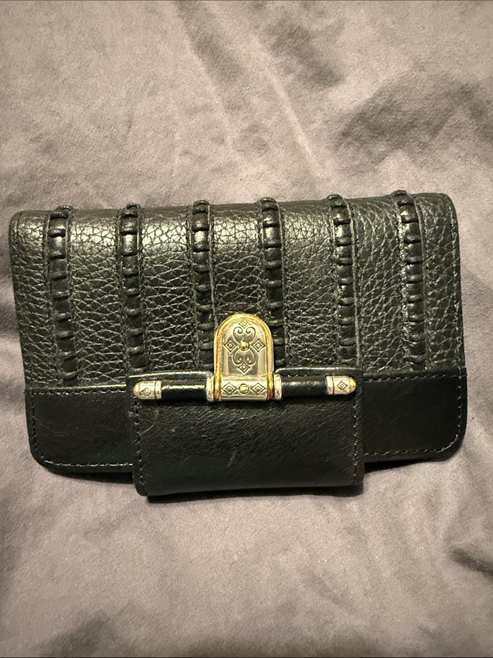 Brighton Black Leather Wallet with Decorative Gold Tone Clasp